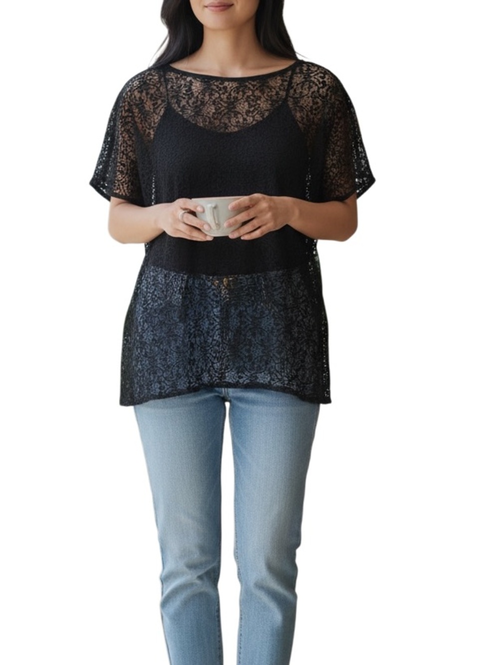Ann Taylor Black & Gold Lace Overlay Scoop Neck Tunic Top